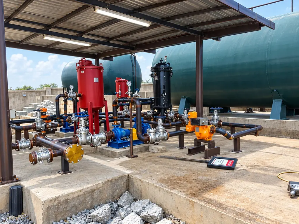 Completed product bay with painted pipework, pumps and filter vessels