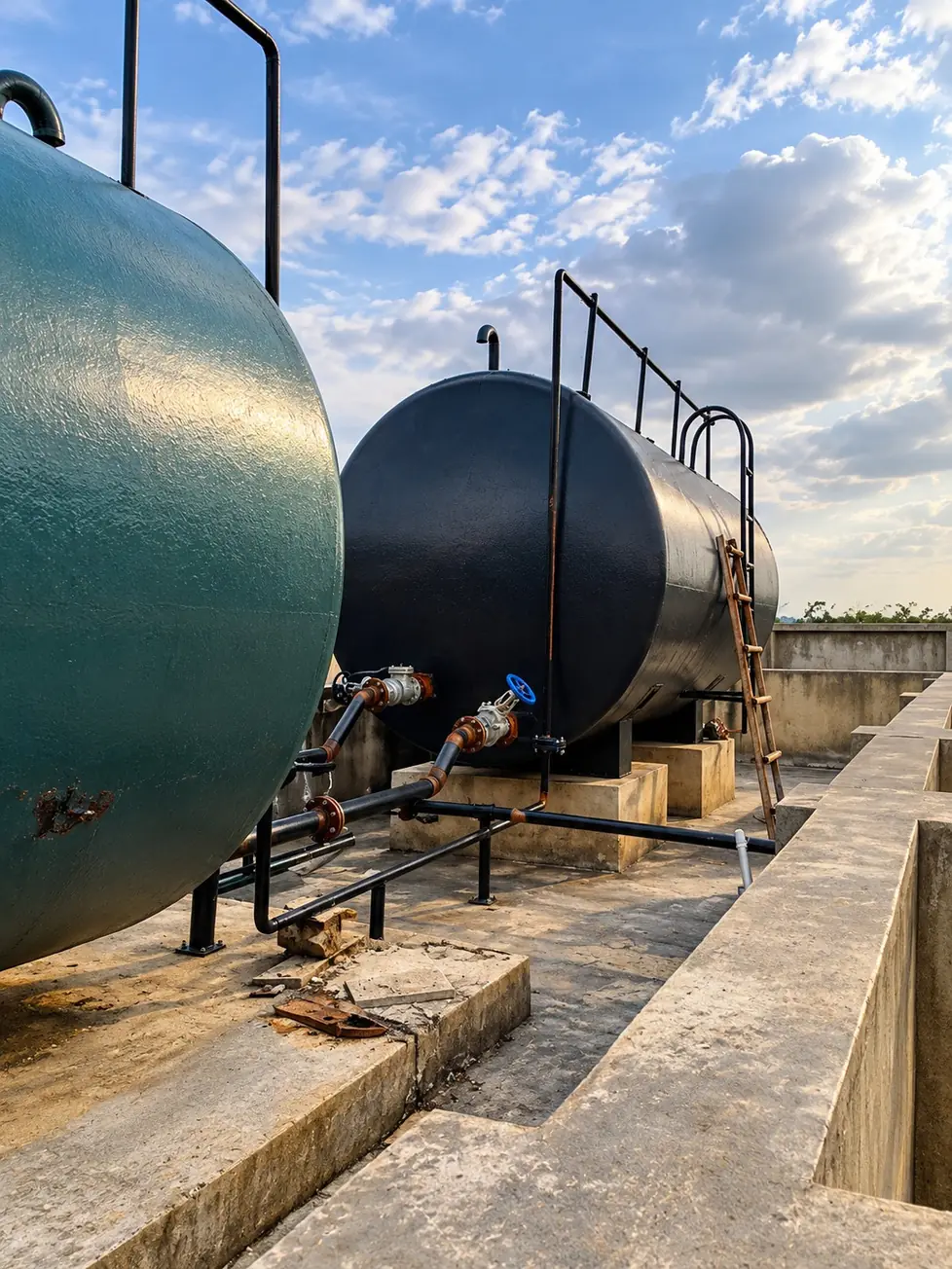 Two horizontal Jet A-1 storage tanks on concrete plinths, with access ladders and handrails