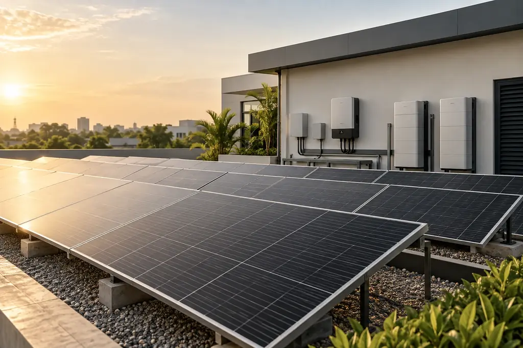 Rooftop solar panels with inverter and battery units