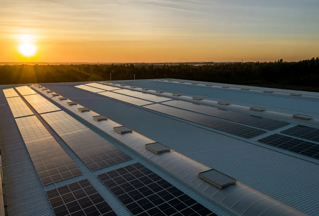 Rows of solar panels across a large commercial roof at sunset